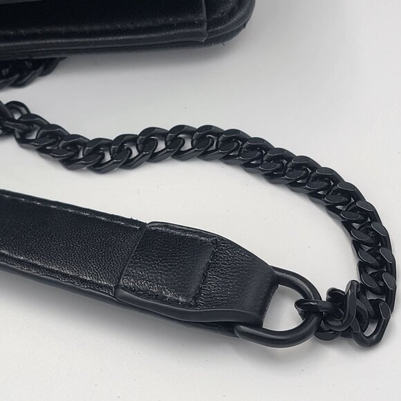 Black Quilted Genuine Leather Crossbody Bag With Chain Strap & Magnetic Closure - Picture 9 of 12